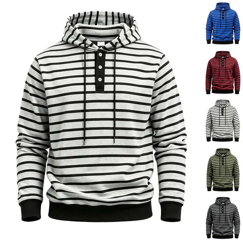 Men Horizontal Striped Henley Hoodie, 3 Buttons Placket Drawstring Hood Pullover Sweatshirt, Long Sleeve Casual Daily Wear Hoode