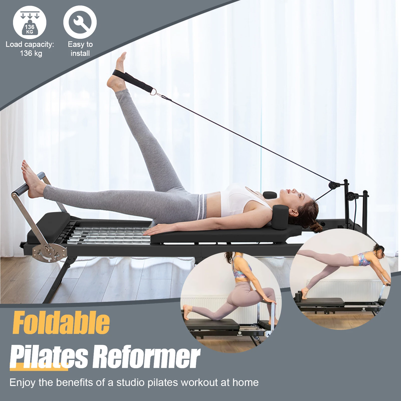 77.5in Reformer Pilates Machine, Pilates Reformer with Alloy Springs Resistances for Beginner, Up to 300 Lbs Weight Capacity view 5