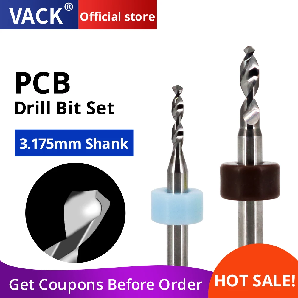 VACK-brocas de PCB de carburo de vástago 3.175 para placa de circuito de impresión, juego de brocas de perforación CNC de 10 piezas, Micro grabador