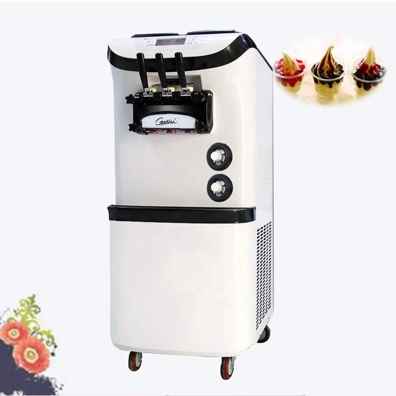 آلة الآيس كريم الجديدة نظام التشغيل الإنجليزي التجاري ثلاثة رؤوس ضاغط مزدوج عمودي آلة الآيس كريم الناعمة