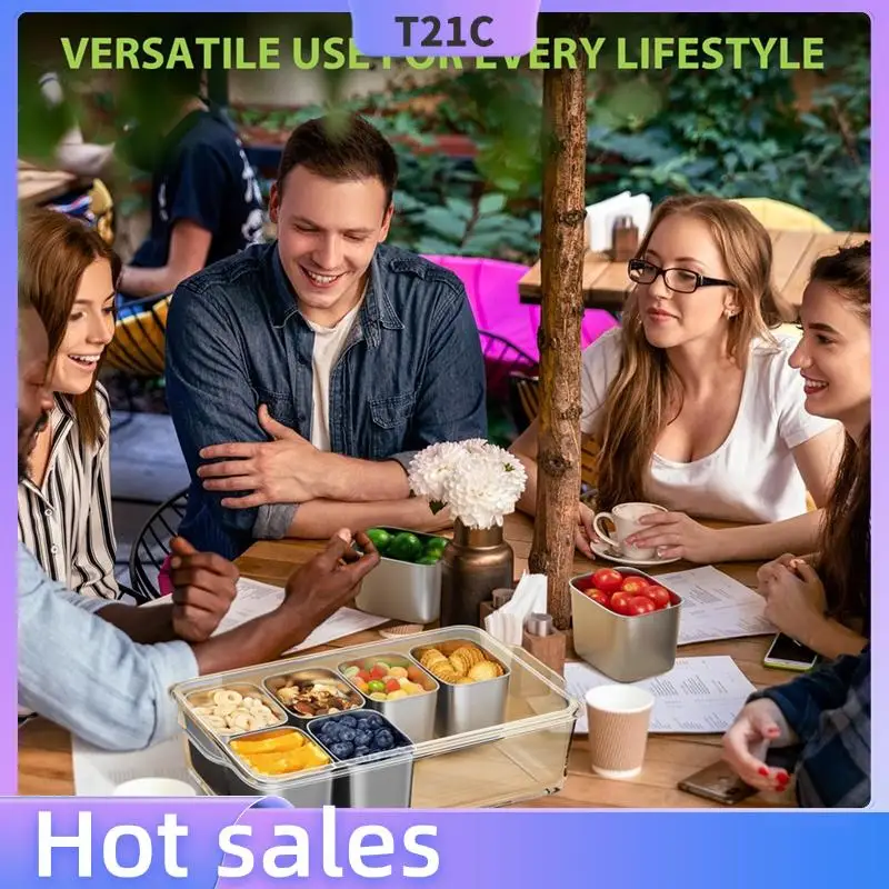 

T21C Stainless Steel Snackle Box Container Divided Serving Tray 8 Compartment With Lid Handle Portable Snack Platters