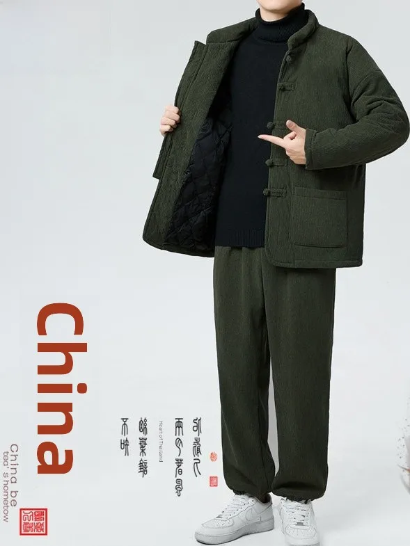 

Комплект из двух предметов: теплый хлопковый вельветовый костюм в стиле ханьфу для мужчин, молодежная зимняя коллекция