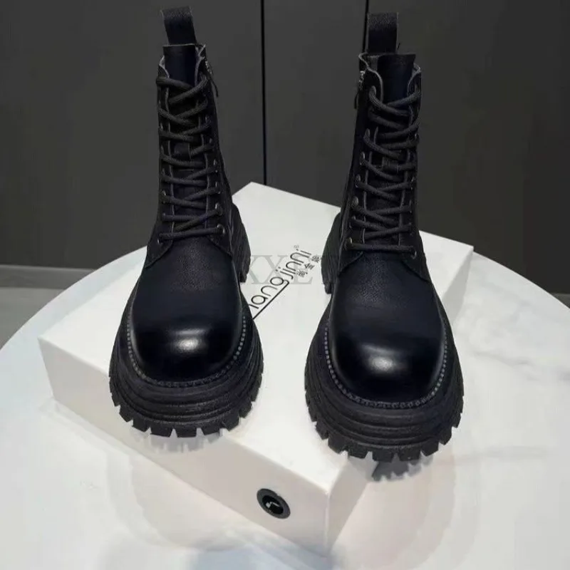 Thick Bottom Stitching Short Boots with Flat Bottom Tie Up Handsome Motorcycle Boots British Style Fashionable and Versatile