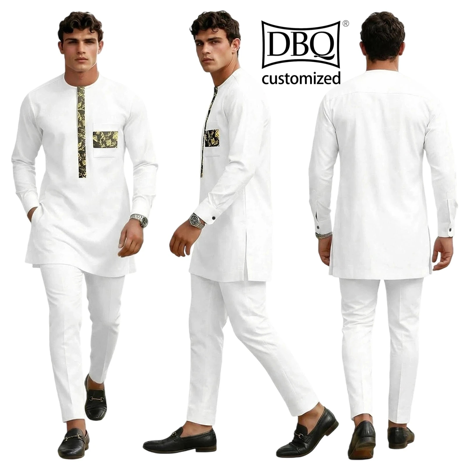 

DBQ African Men's 2-Piece Casual Suit Slim Fit Straight Pants Summer Set Custom Made Hidden Button Shirt BD1143