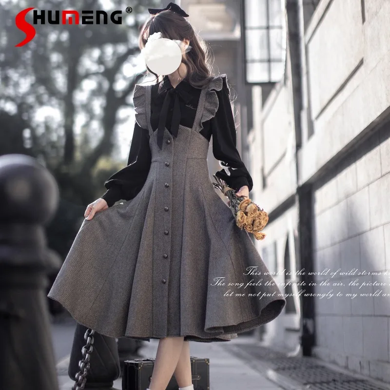 

Japanese Rojita Elegant Retro High Waist Slimming Long Y2k Fishtail Dresses Strap Kawaii Woolen Dress Women's Clothing Vestidos