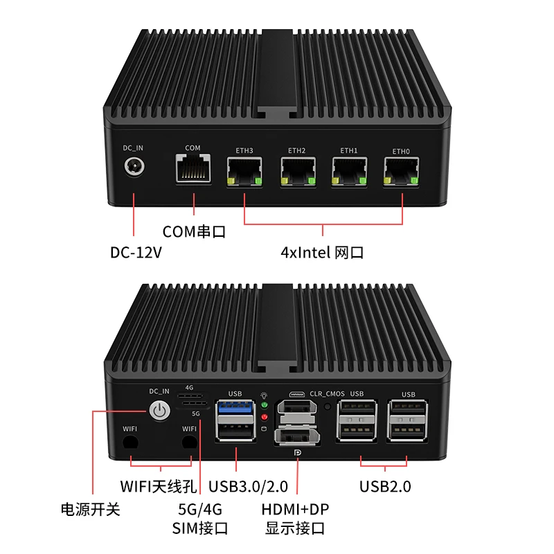 ファンレス4x2.5G LANミニPC Proxmoxホスト Celeron J6412 J6413 HD DP Linux Ubuntu産業用ミニコンピュータ 5G WIFI RS232対応
