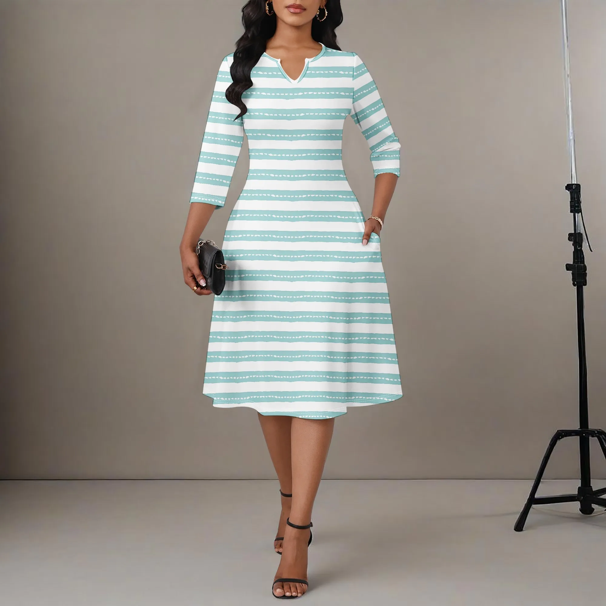 

EQQZD Simple & Colorful Stripe Print Dress, Standard Size 3/4 Sleeve V-neck Dress for Women's Summer Wearing
