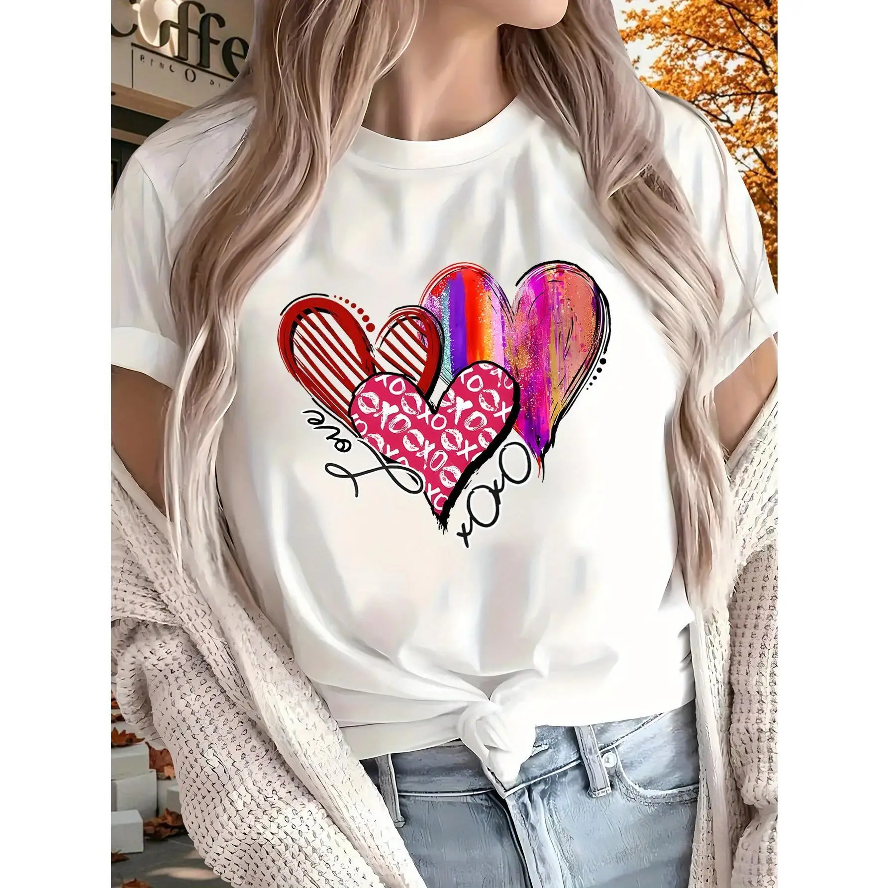 

Womens Love xoxo three hears leopard and glitter Pattern Tops Valentine's Day Graphic Tees Short Sleeve Casual T Shirts