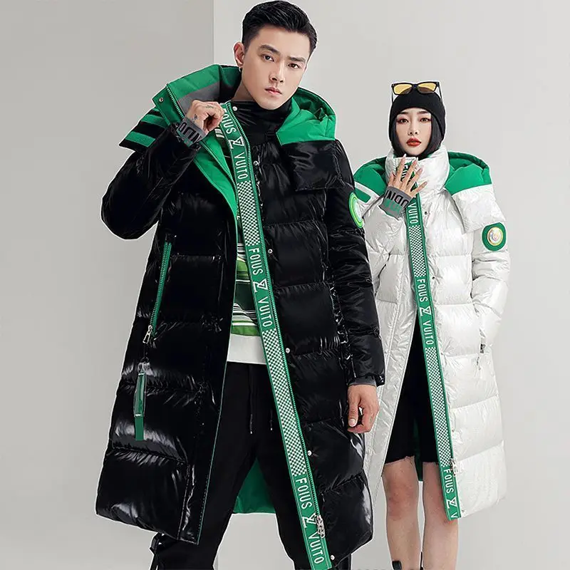New Winter Long Over Knee Couple's Plus Size Wash Free Shiny Down Cotton Padded Coat Unisex Thickened Outerwear