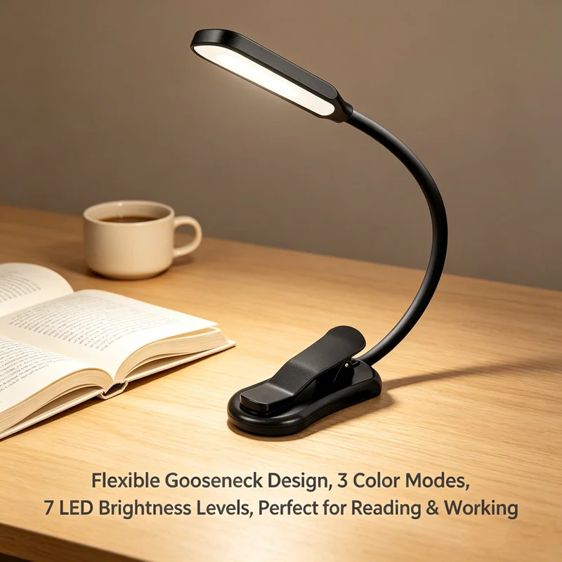 Portable Clip On LED Book Light 7 Lamp Beads 3 Color Mode Rechargeable Flexible Neck Lamp For Bedside Night Reading Hobby