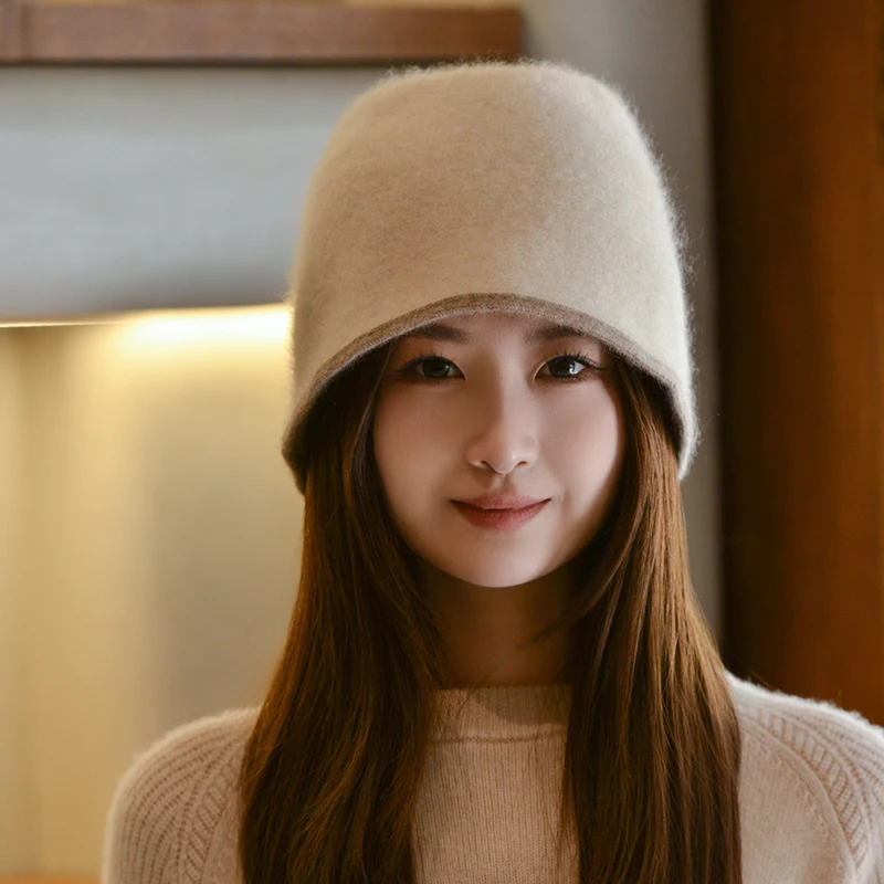 

Autumn/Winter Women's 100% Pure Cashmere Color blocked Knitted Fisherman's Hat Big Head Waist Warm Bucket Hat Large Size Large