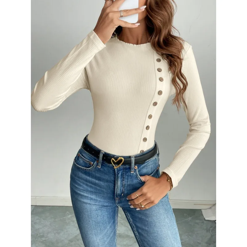 Women's White Ribbed Bodysuit Long Sleeve Crew Neck Side Button Slim Fit Casual Daily Top