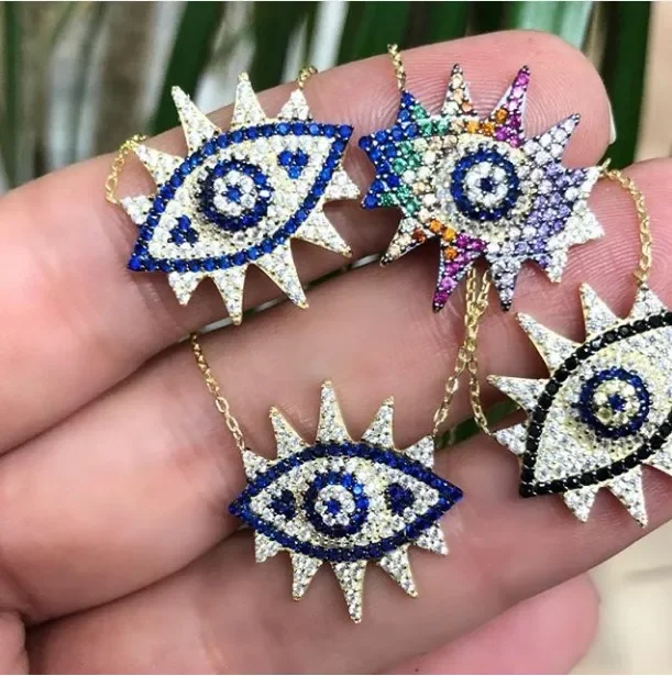 

Micro Pave 5A Blue White CZ Lucky Turkish Evil Eye Charm Pendant Necklace High Quality Gold Color Women Necklace
