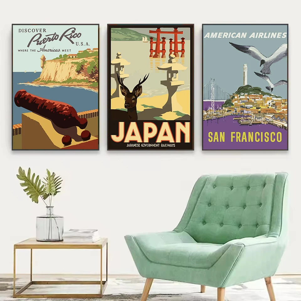 Vintage World Travel City San Francisco Japan Landscape Illlustration Poster Canvas Painting Wall Art Pictures Home Decor