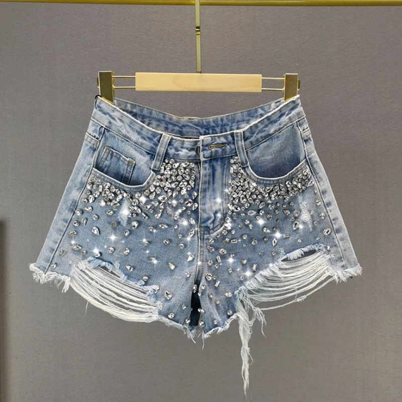 

2024 Summer Women Ripped Tassel Hole Rhinestone Wide Leg Blue Denim Shorts , Fashion Bling Bling Shorts for Woman