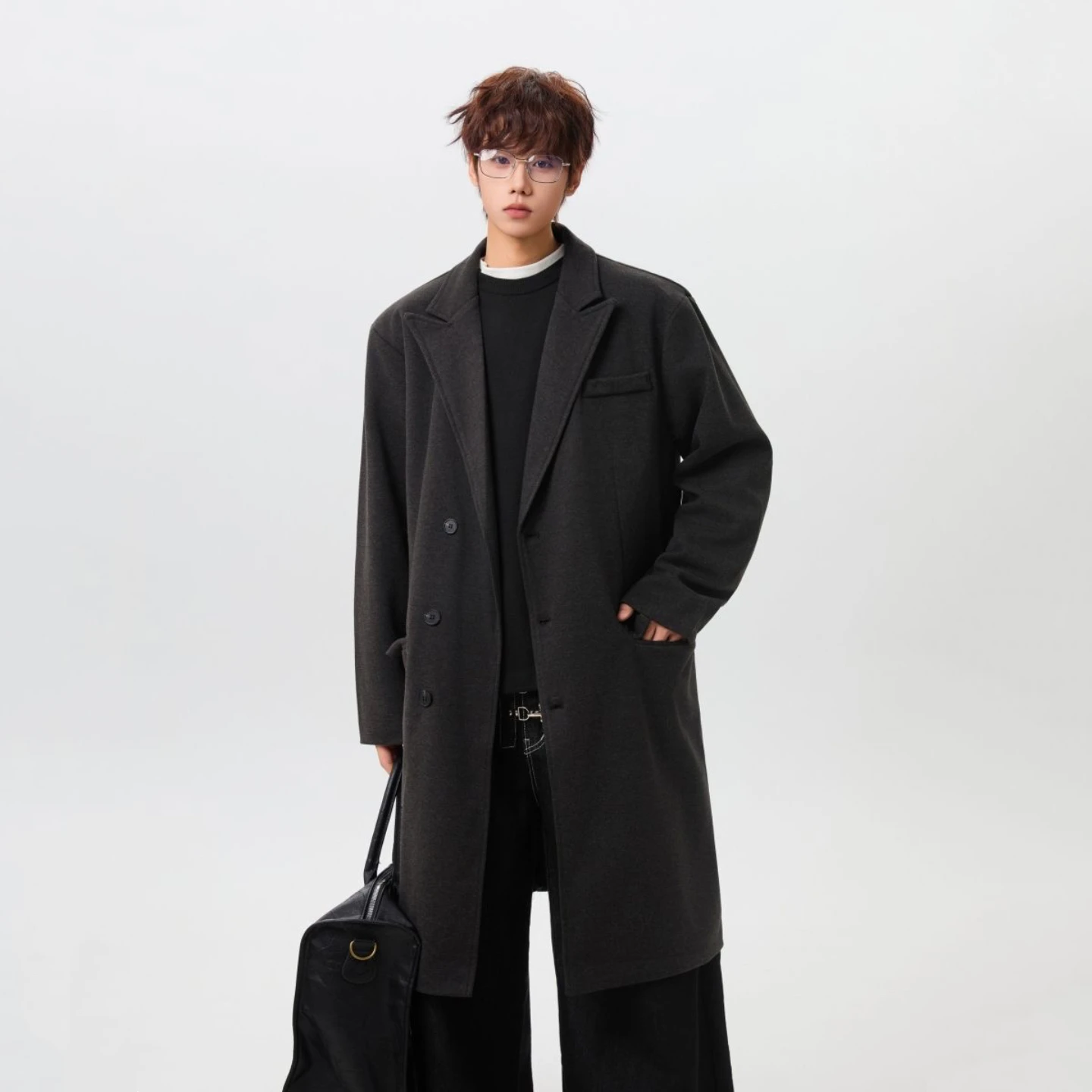 

Over-Knee Men's Woolen Coat Autumn Winter Thiened Loose Korean Sle Suit Jaet Youth Faion Long Sve Pure Color