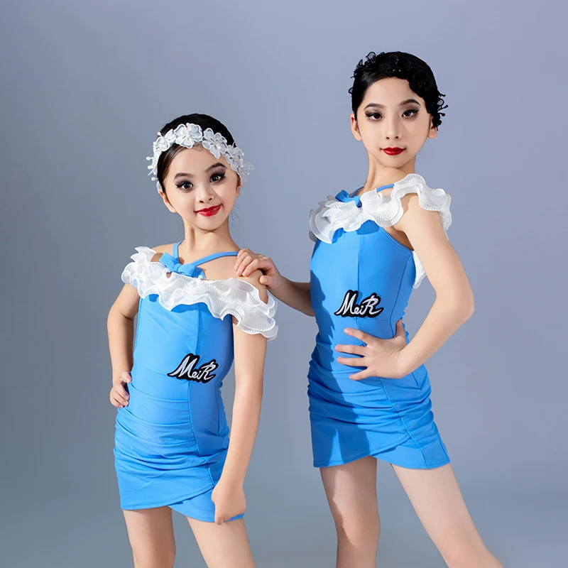 

Fashion Samba Latin Dance Competition Dress Blue Green Ruffled Latin Dance Costume Kids Performance Dancing Clothes SL10370