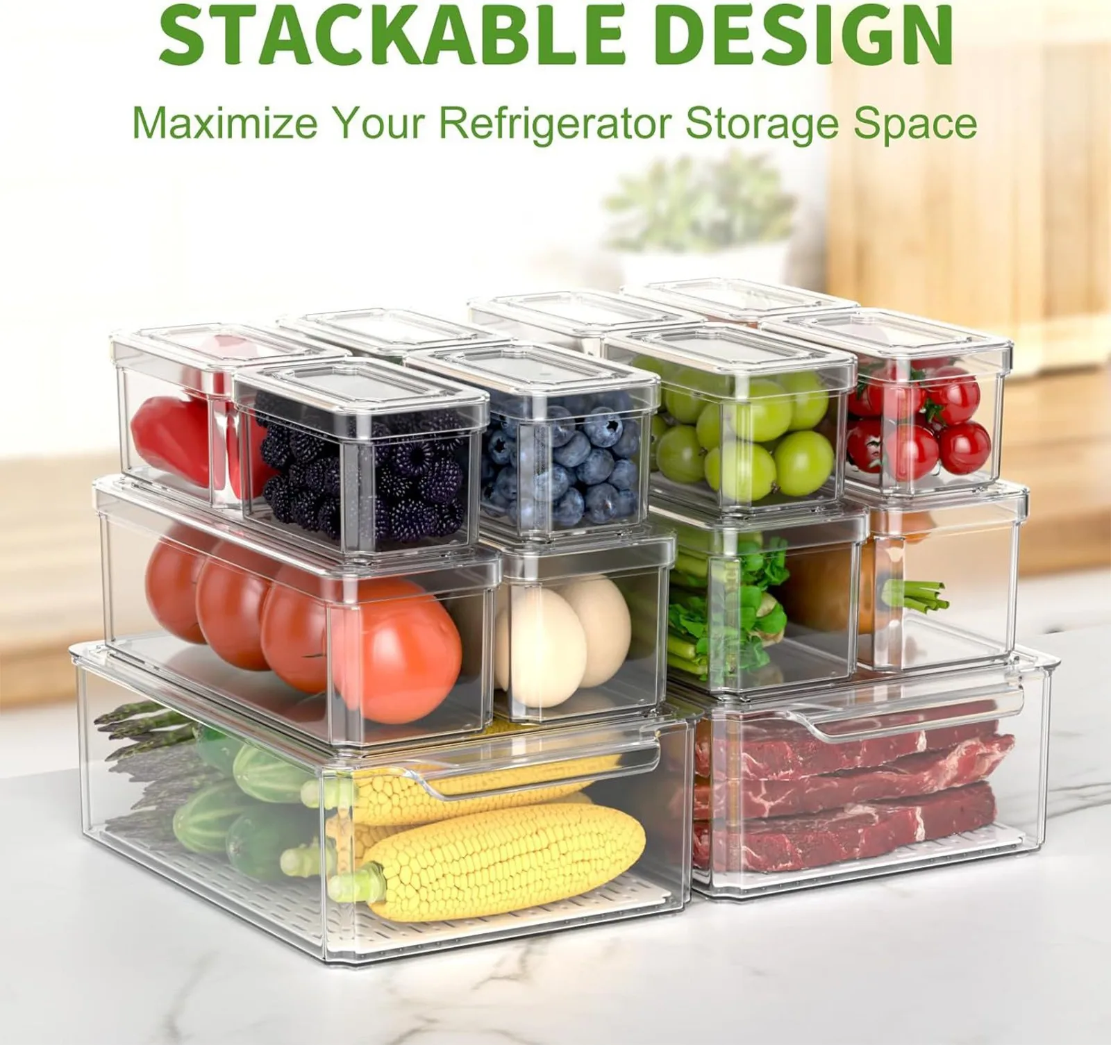 New Refrigerator Organizer Bin Stackable Fridge Food Storage Box With Handle Clear Plastic Pantry Food Freezer Organizer Tool