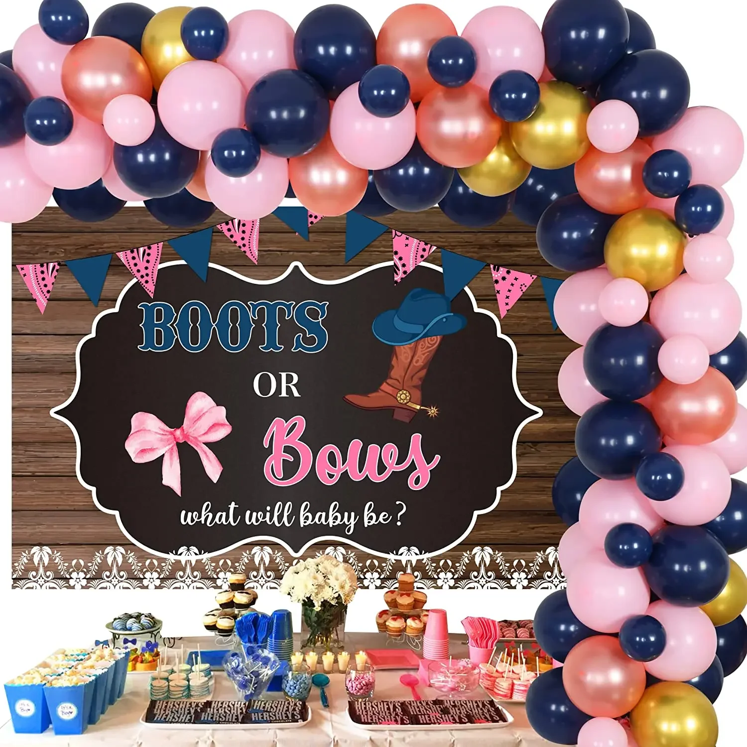 

SURSURPIRSE Cowboy or Cowgirl Gender Reveal Party Decorations Navy Blue Pink Balloon Garland Kit Boots or Bows Backdrop Supplies