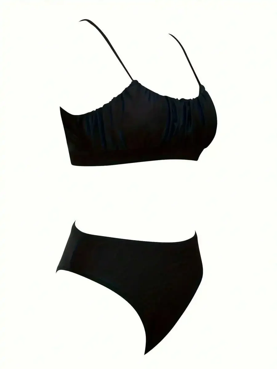 Black Ruched Bandeau High-Waisted Two-Piece Swimsuit Tummy Control Bikini