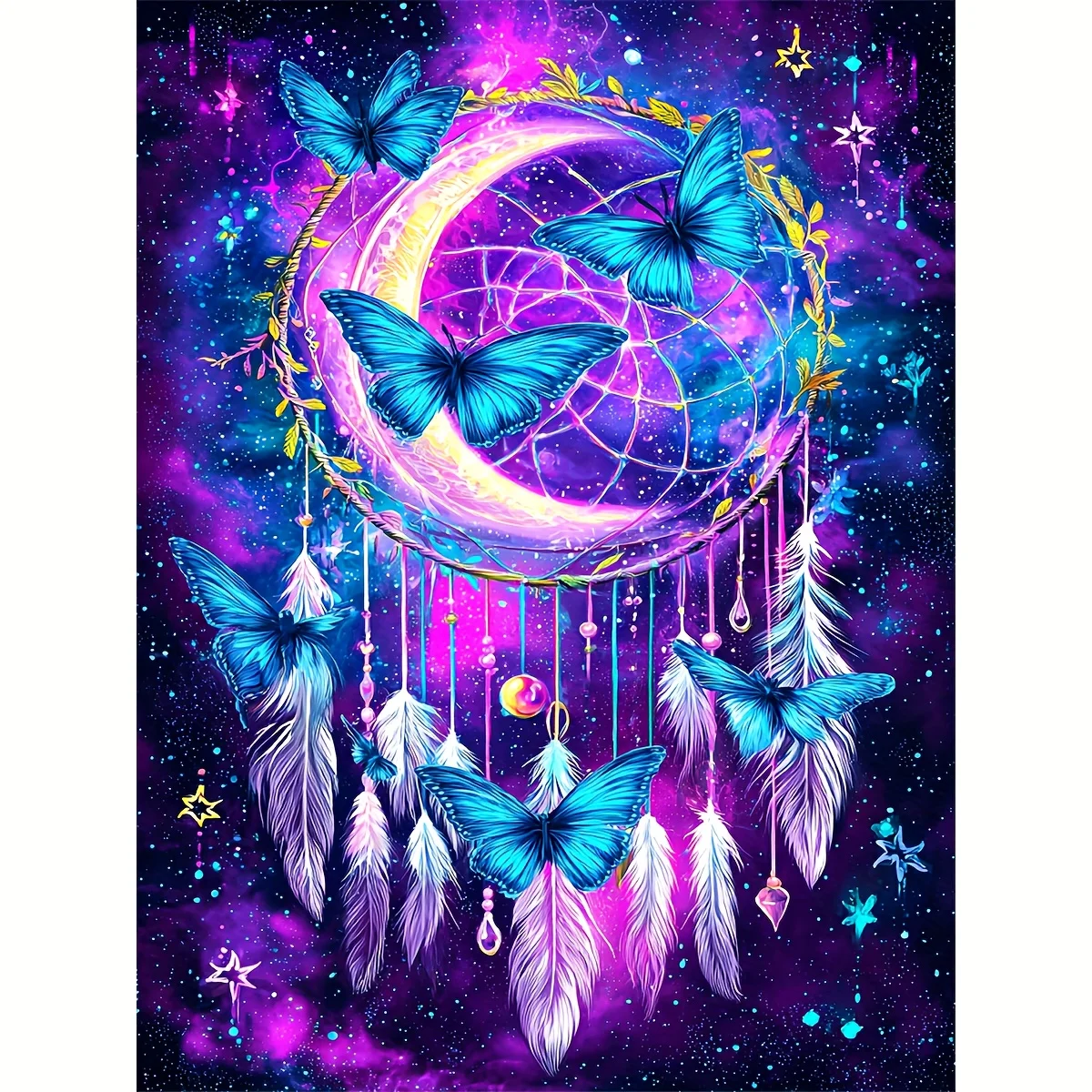 Frameless Round Diamond Painting Kit, BButterfly Dream Catcher, 5D Square Diamond Painting, All-artificial Rhinestone Mosaic