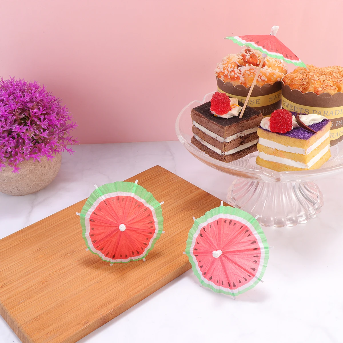 

50 PCS Cocktail Decorative Umbrella Fruit Topper The Summer Watermelon Picks
