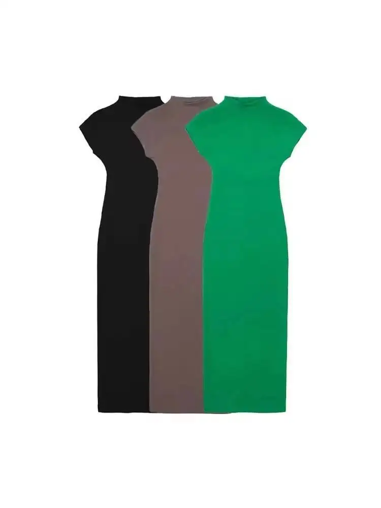 Camiseta vestido largo moda Mujer vestido Midi de punto ajustado Vintage cuello redondo manga corta Vestidos Mujer A3I5