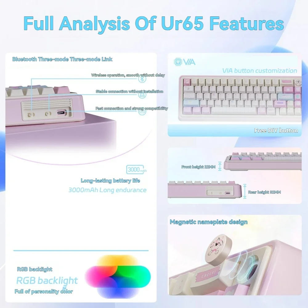 SUMREDA UR65 Pink Cute Fresh Custom Wireless Mechanical Keyboard Kit 65% Tri-mode Gasket RGB Hotswap Girl Office Gaming Keyboard