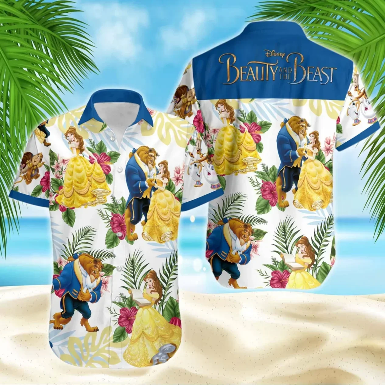 Camisa hawaiana de La Bella y La Bestia para hombre, camisa de manga corta con botones, inspirada en Disney, informal, para playa