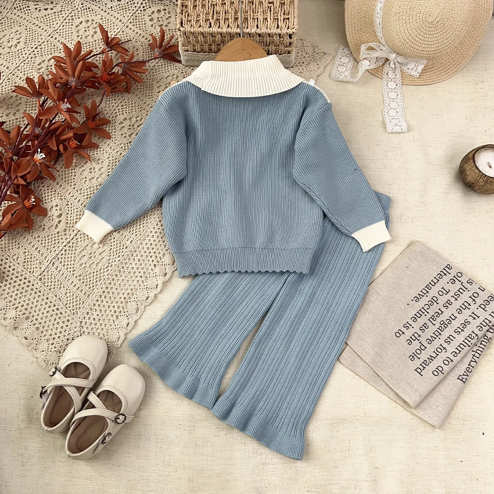 Korean Version Blue Sweater Girls Clothes Autumn and Winter Children's Two Piece Set Color Blocked Collar Long Sleeve Top+Pants