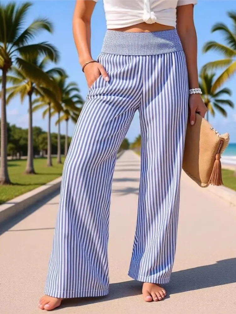Beachwear Women's Clothing 2026 Ready Stock Striped Contrast Casual Fashion Loose Wide Leg Pants Simple Style Loose All-match