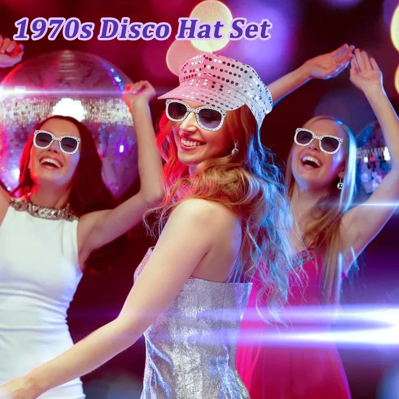 Ensemble d'accessoires de Costume Disco des années 70 pour femmes, boucles d'oreilles Disco des années 80, chapeau à paillettes, lunettes de soleil, accessoires de spectacle sur scène, fête d'halloween, 3 pièces