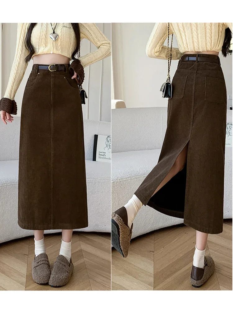 Hiver velours côtelé femmes jupe longue femme Vintage taille haute Wrap Cargo jupes moulantes avec ceinture a-ligne noir marron Faldas Largas