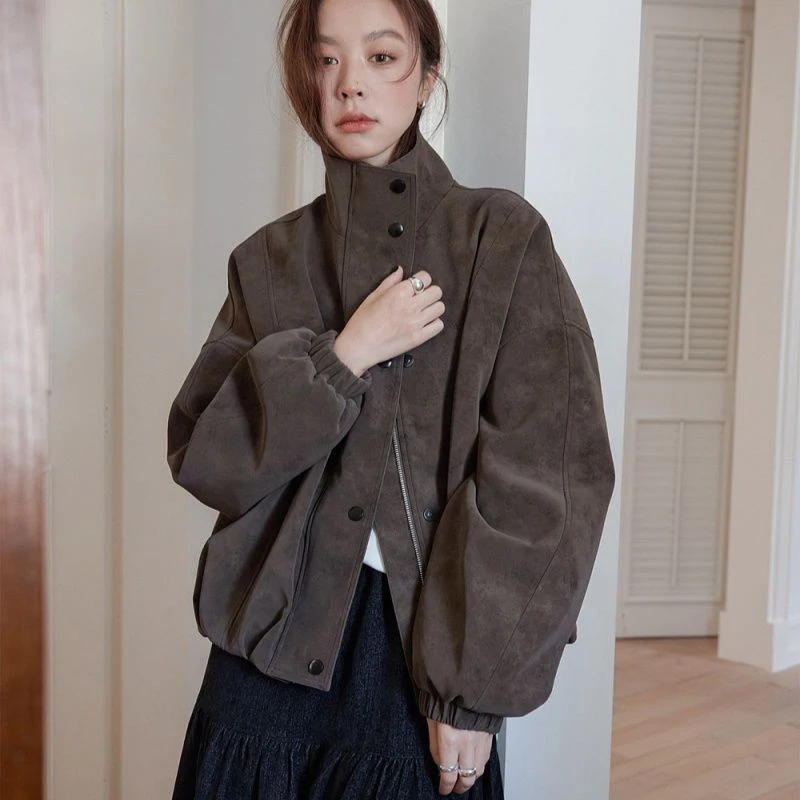 Retro Matte Suede Women Jacket Stand Collar Zip Up Oversized Coat Drop Shoulder Pockets Elastic Hem Y2K Grunge Streetwear Top