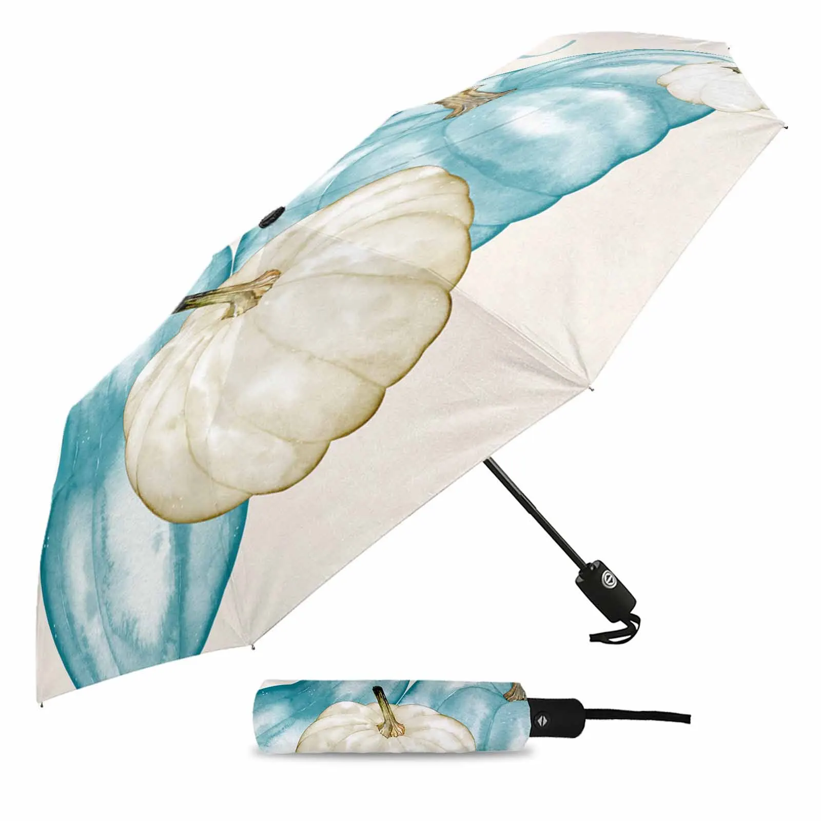 Autumn Blue Green Pumpkin Flower Automatic Umbrella for Rain Foldable Parasol Umbrella Eight strand Outdoor Umbrellas