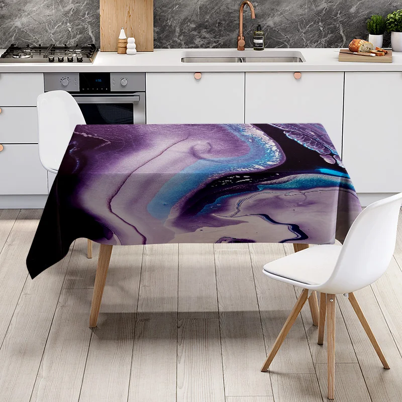 Modern Style Abstract Design Tablecloth Waterproof Anti-Slip Dining Room Decoration 3D Printing Flower Pattern Purple Blue White