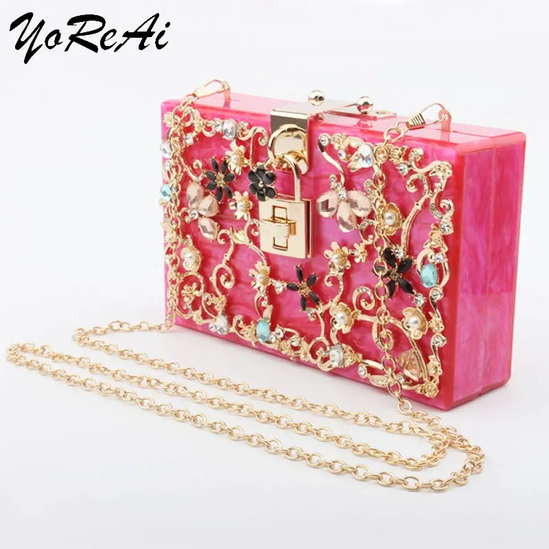 YoReAi Fashion Evening Bag 2022 Metal Golden Flower Small Square Pack New Acrylic Dinner Party Clutch Diagonal Shoulder Bag