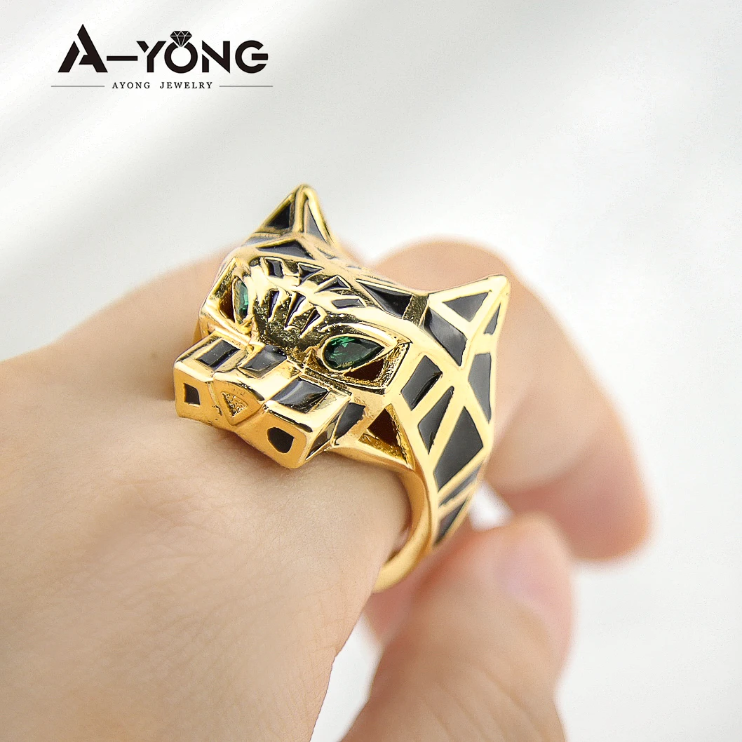 AYONG Punk Personality Leopard Rings 21k Gold Plated Green Eyes Panther Dubai Middle East Men\'s Rings Copper Jewelry