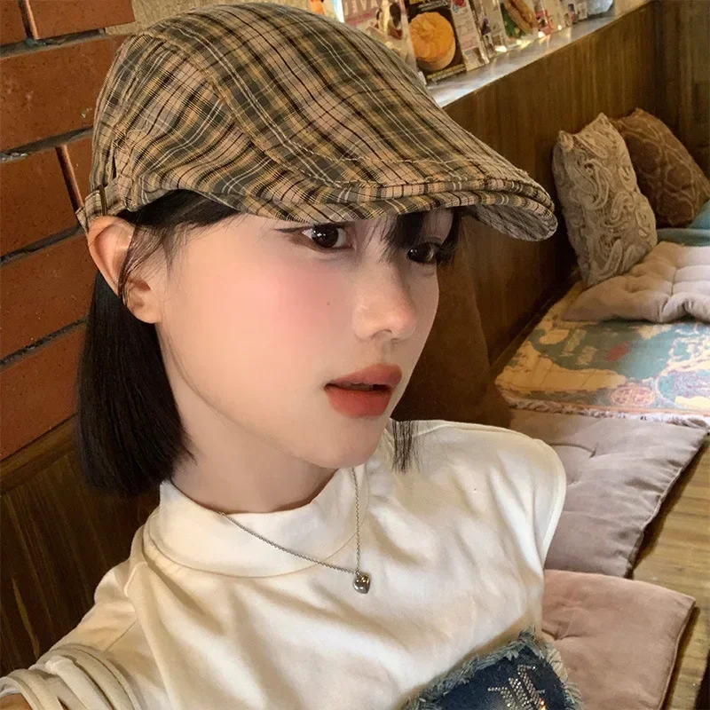 Y2K Casual Plaid Hats Women Men Berets Summer Herringbone Newsboy Cap Vintage Flat Ivy Hats Cotton Thin Golf Driving Cap Bonnet