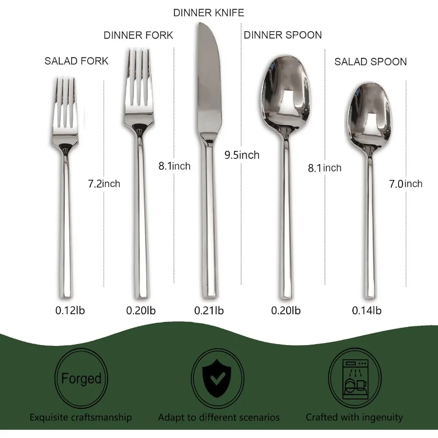 طقم أدوات فضية 18/10 مكون من 20 قطعة، طقم أطباق سداسية من الفولاذ المقاوم للصدأ، طقم أدوات مائدة حديثة، خدمة لـ 4 أشخاص، غسول أطباق بلمسة نهائية مرآة