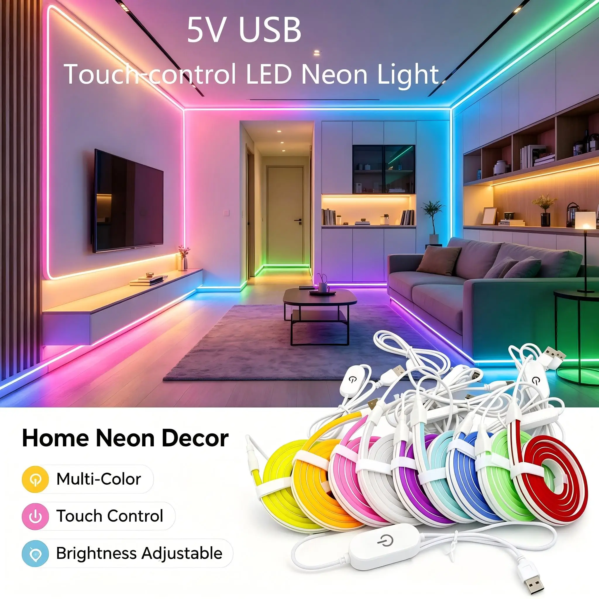 Neon-LED-Lichtstreifen, Touch-Schalter, einstellbare Helligkeit, 9 Farben verfügbar, DC5V, USB-betrieben, flexibles DIY-Design, geeignet für leuchtende Neon-Party-Geburtstags-Hausdekoration.