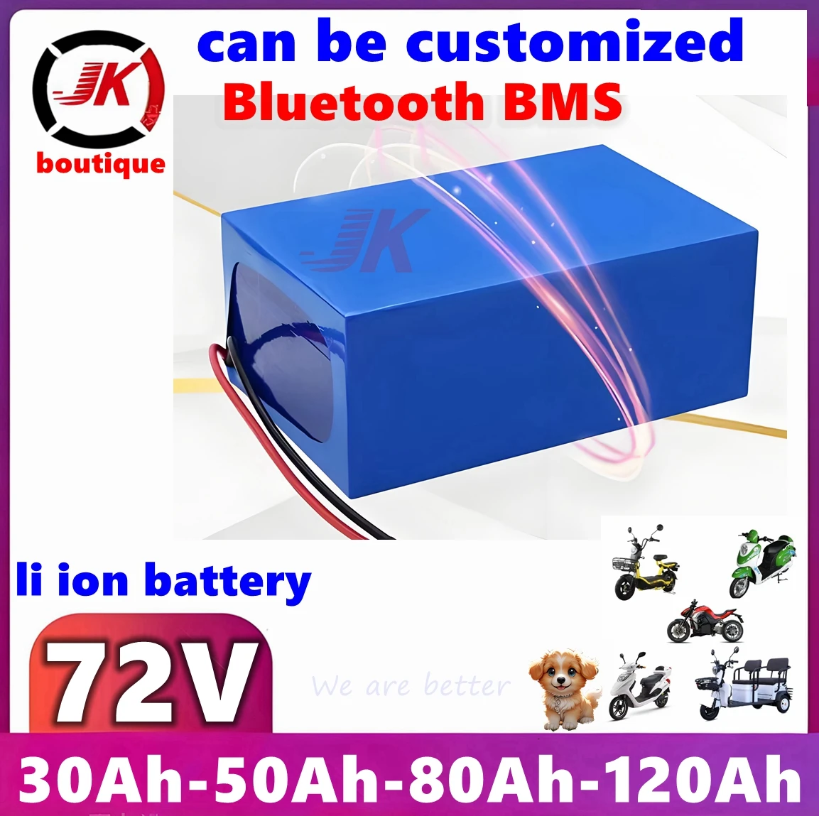 JK 72v 40Ah 50Ah 60Ah 70Ah 80Ah 100Ah lithium ion battery with bluetooth BMS for 5000W scooter EVMotorcycle Forklift Crane truck