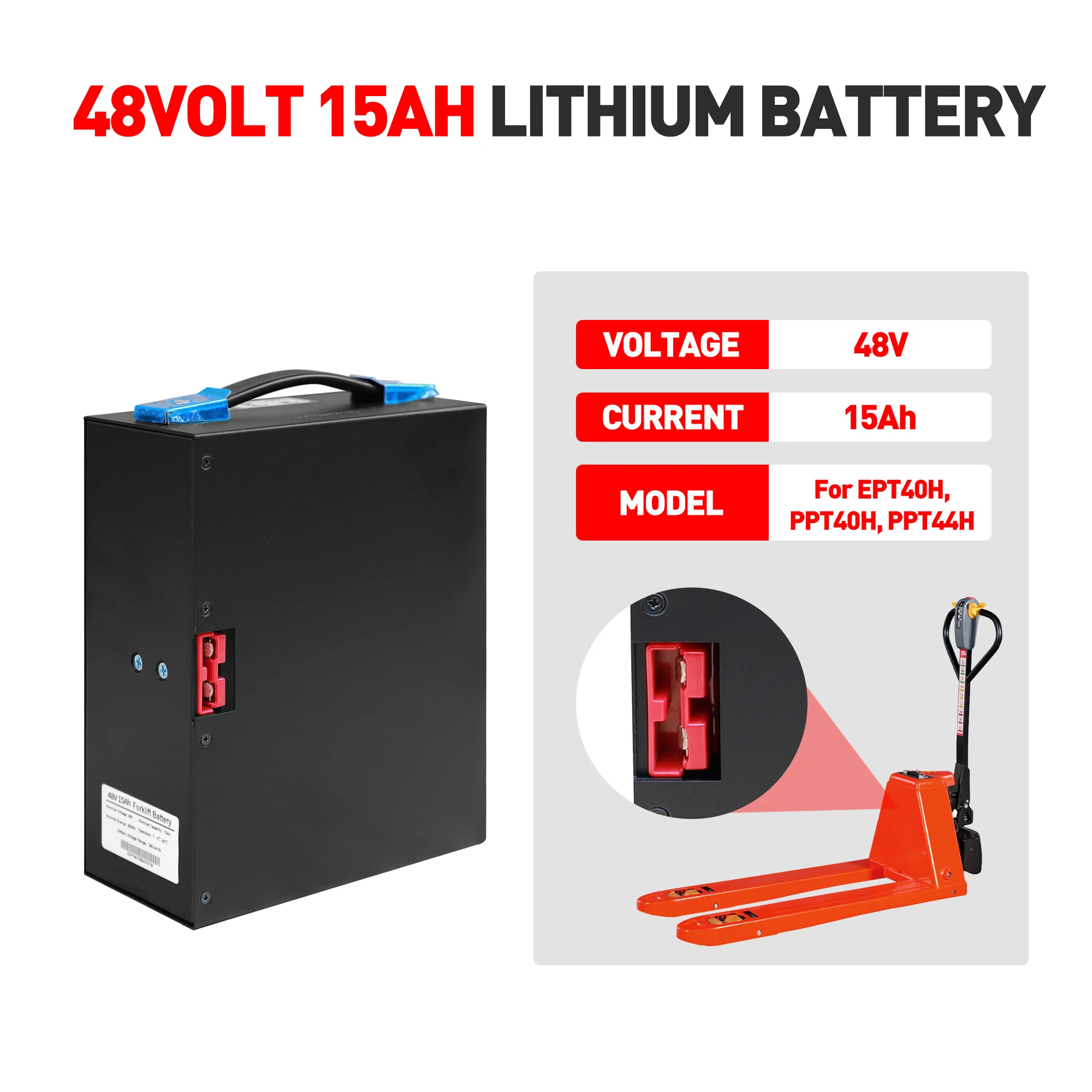 Electric Pallet Jack Battery, 48V 15Ah LiFePO4 Lithium Battery for HYSTER PC1.5 4301918, EPT40H EPT33H, CBD15-WS, ZOOMLION TB20E Electric Pallet Truck 5000+Cycles, Built-in Smart BMS