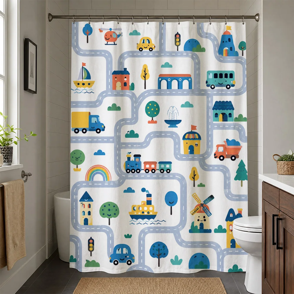 Cute Cartoon Town Street Scene Shower Curtain Bathroom Decor Kids Nursery Shower Curtain Waterproof Shower Curtain