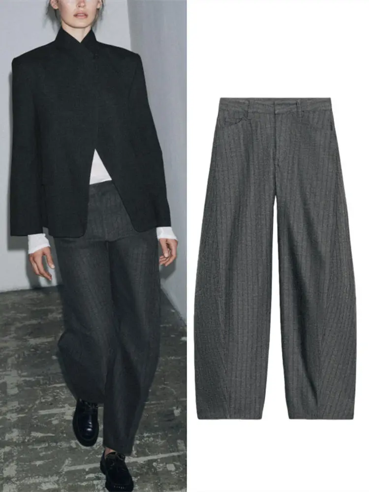 

Faionable High Waist Striped Long Pants Women's Suit Jaet Side Buttoning Long Sve Stand Collar Cotton Blend Trousers