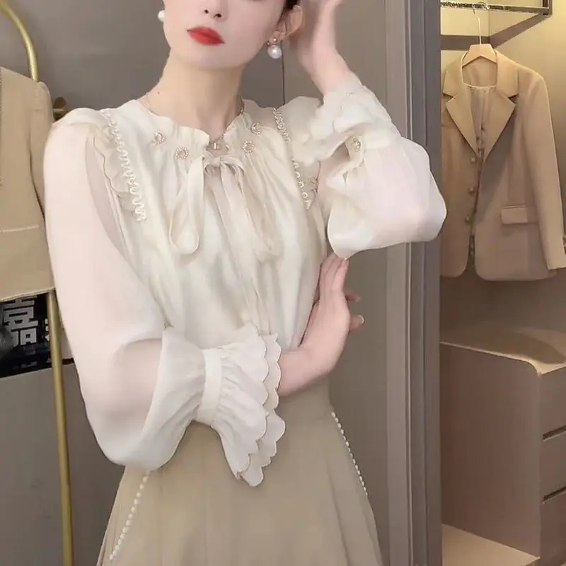 

Рубашки с длинным рукавом, женские шифоновые блузки с рукавами-фонариками, облегающие рубашки в горошек, женские, в консервативном стиле, эстетичные, в стиле ретро, во французском стиле, осень