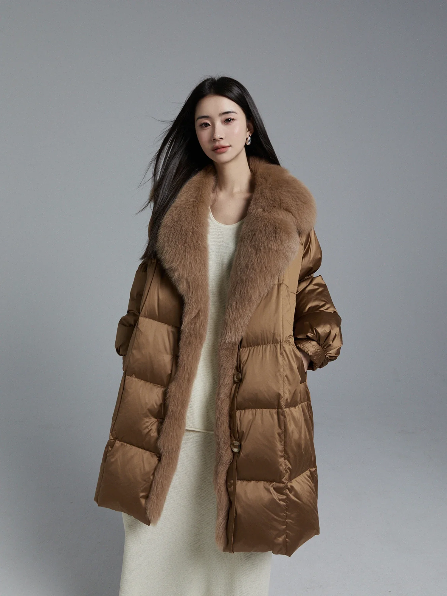 

Fox Fur Collar White Goose Down Jacket Women's Long Puff Bread Jacket Winter