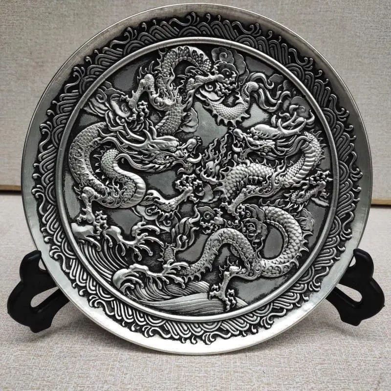 Antique bronze collection antique pure copper silver-plated relief Shuanglong plate appreciation plate pulp moisturizing home cr