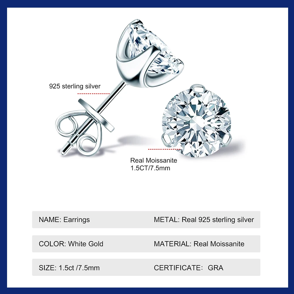 Sweetrain 1.5ct Moissanite Diamond Stud Earrings for Women 925 Sterling Silver 7.5mm 3 Claw Earring Classic Jewelry Girl Gift