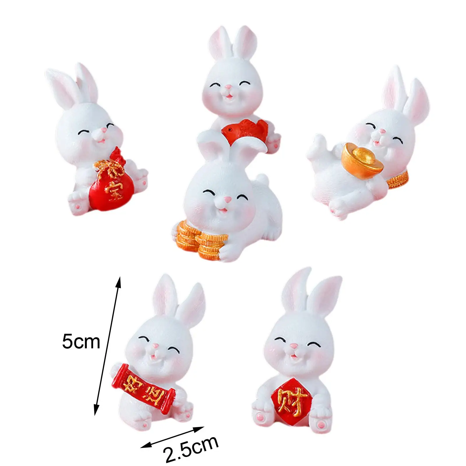 6Pcs Mini Bunny Figurines Year of Rabbit Bunny Statue Resin Crafts for Car Dashboard Cake Topper Chinese New Year Festive Decor